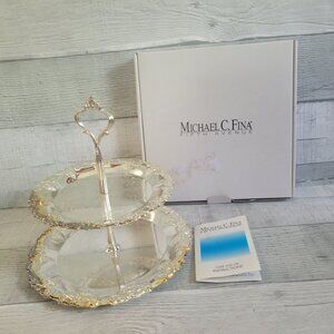 Two-Tiered Glass Serving Tray With Gold Trim & Ornate Handle By Michael C. Fina